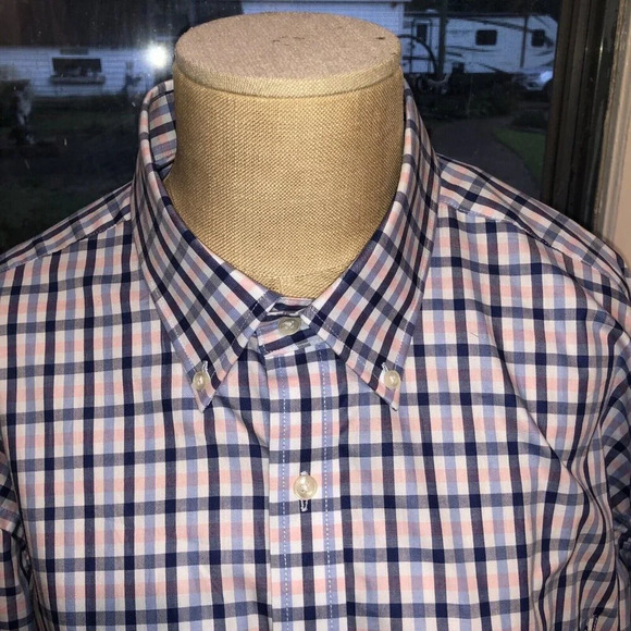 Southern Pines Shirt Mens XL Blue Pink Plaid Trim Fit Stretch Cotton Beach Dress - Picture 1 of 7